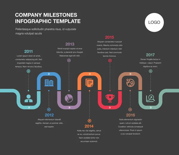 Vektorové Infografické Firemní Milníky Časová Osa Šablona Izolované Tmavém Pozadí — Stockový vektor