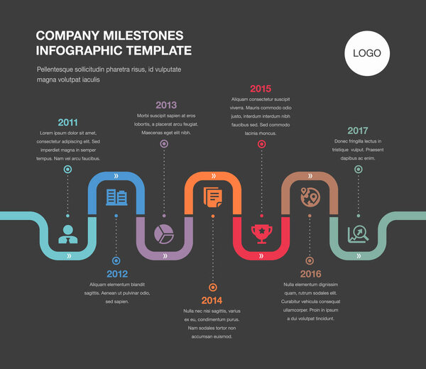 Vector infographic company milestones timeline template isolated on dark background.