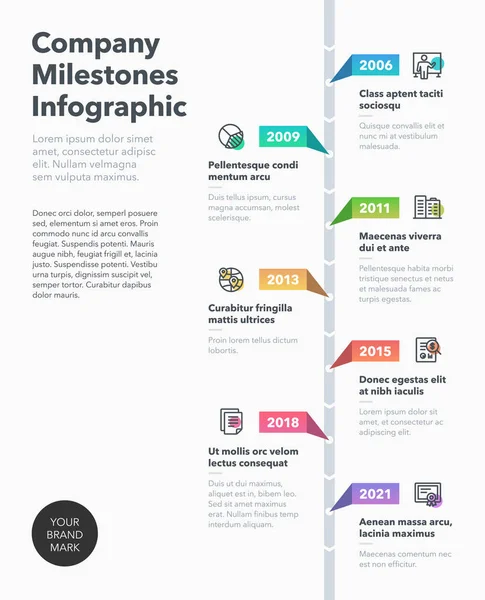 Çizgi simgeleri ile şirket kilometre taşları zaman çizelgesi şablonu için Moderm iş bilgi grafiği. Web siteniz veya sunumunuz için kullanımı kolay.