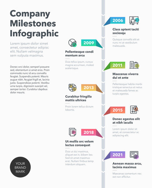 Moderm business infographic for company milestones timeline template with line icons. Easy to use for your website or presentation.