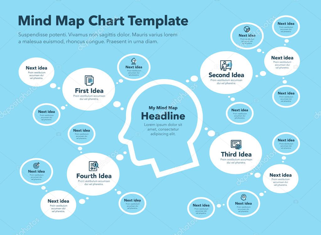 Simple infographic for mind map visualization template with head as a main symbol and think bubbles - blue version. Easy to use for your design or presentation.