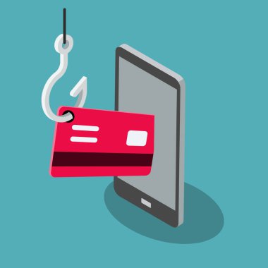Cep telefonu, kırmızı kredi kartı ve olta iğnesiyle mavi arka planda izole edilmiş sahte bir vektör sembolü. Düz tasarım, web siteniz veya sunumunuz için kullanması kolay.