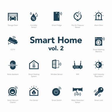 Smart home icon set volume 2 isolated on light background. Contains such icons Garage Door, Light Intensity Regulation, Voice Assistant, Humidity Sensor and more.