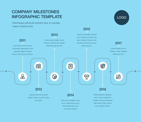 Business infographic for company milestones timeline template with line icons - blue version. Easy to use for your website or presentation.