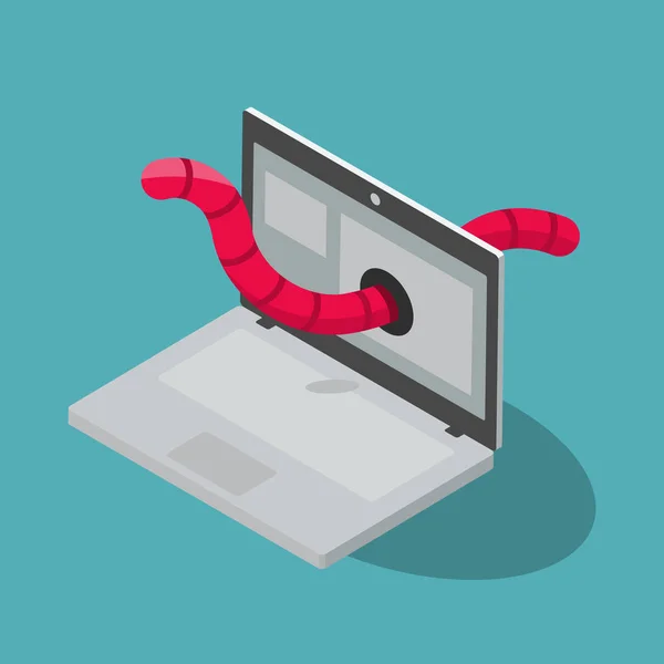 Wurm Cyber Angriff Symbol Mit Laptop Und Rotem Wurm Isoliert — Stockvektor