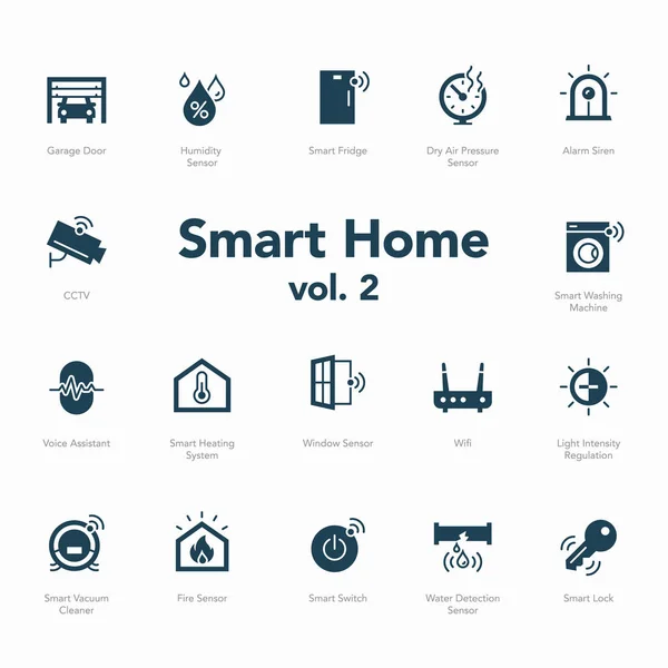 Smart home icon set volume 2 isolated on light background. Contains such icons Garage Door, Light Intensity Regulation, Voice Assistant, Humidity Sensor and more.