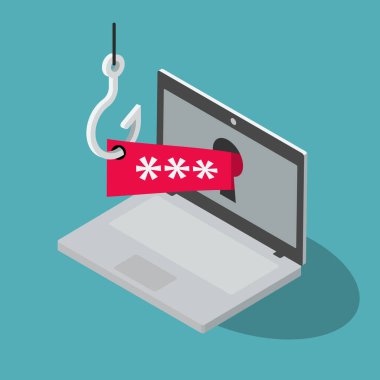 Dizüstü bilgisayarı, kırmızı güvenlik şifresi ve mavi arka planda izole edilmiş olta iğnesi olan sahte vektör sembolü. Düz tasarım, web siteniz veya sunumunuz için kullanması kolay.