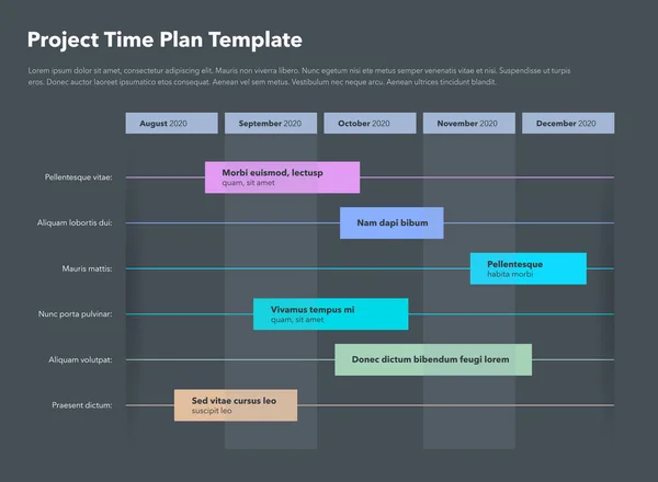 Enkel Affärs Projekt Tidplan Mall Med Projektuppgifter Tidsintervall Mörk Version — Stock vektor