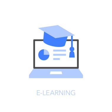 Bilgisayarlı ve mezuniyet şapkalı e-öğrenme ya da çevrimiçi eğitim sembolü. Web siteniz veya sunumunuz için kullanması kolay.
