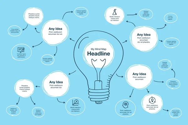 Infográfico Desenhado Mão Para Modelo Visualização Mapas Mentais Com Lâmpada —  Vetores de Stock