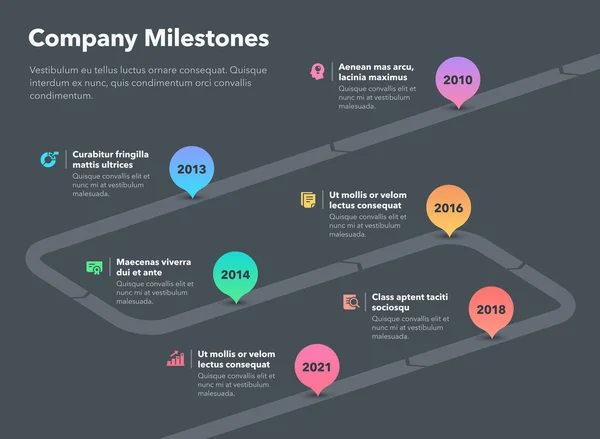 Semplice Infografica Aziendale Pietre Miliari Aziendali Modello Timeline Versione Scura — Vettoriale Stock