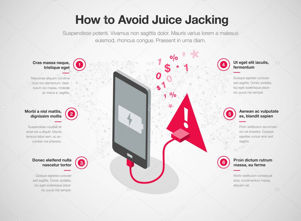 Simple infographic template for how to avoid juice jacking. Easy to use for your website or presentation.