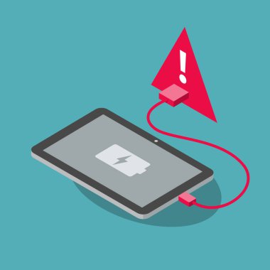 Kırmızı USB şarj portu ve tabletli saldırı sembolü, mavi arka planda izole edilmiş. Düz tasarım, web siteniz veya sunumunuz için kullanması kolay.