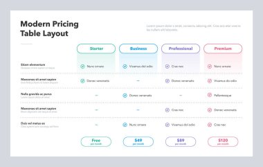 Dört abonelik planlı modern fiyat tablosu düzeni. Web sitesi veya sunum için düz bilgi tasarım şablonu.