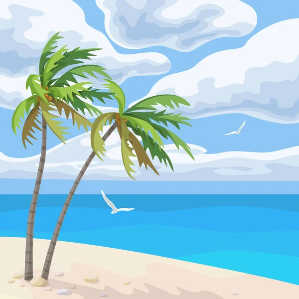 Seaside landscape with palm trees, ocean, culumus clouds in sky and flying seagulls. Tropical beach vector flat illustration.