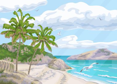 Sahil sakin, yatay, palmiye ağaçları, okyanus, bulutlar gökyüzü ve uçan martılar. Karadeniz kıyısında, küçük dalgalar ve mesafe ada ile arka plan. Tropikal plaj vektör düz çizim.