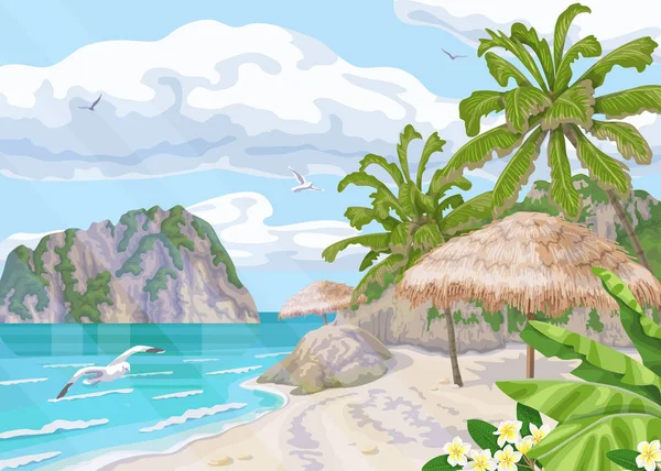 Seaside landscape with palm trees, parasol,  ocean, clouds in sky and flying seagulls. Background with sea coast, small waves and distance island. Tropical beach vector flat illustration.