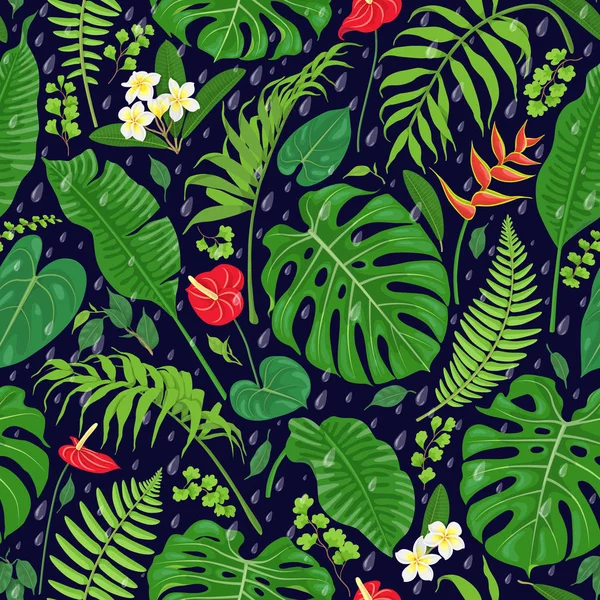 Seamless Pattern Tropical Leaves Flowers Falling Rain Drops Dark Background — Stock Vector