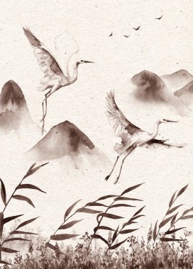Suluboya resim. Elle çizilmiş şekil. Beyaz uçan leylek ve sazlık eski kağıt doku ile Vintage dağlar sahne. Tek renkli kartpostal huzur manzara ve kuşlar. 