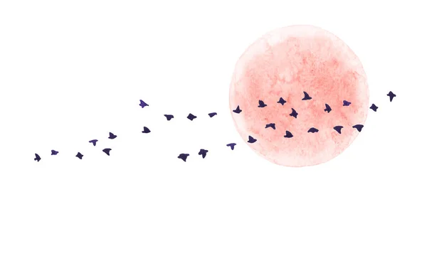 Pintura Acuarela Ilustración Hecha Mano Luna Roja Aves Voladoras Aisladas —  Fotos de Stock