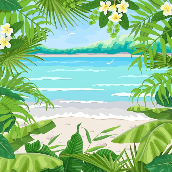 Achtergrond Van Zomer Met Tropische Planten Vierkant Floral Frame Zee — Stockvector