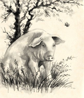 Çiçekli erik ağacının altında çimlerin üzerine dinlenme elle çizilmiş suluboya büyük şişko domuz. Geleneksel Çin resim tarzında Vintage kartı. Mürekkep tek renkli kırsal sahne illüstrasyon.