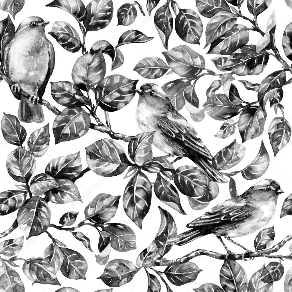 Watercolor painting. Seamless pattern made with hand drawn monochrome forest birds sitting on tree branches. Black and white endless texture with songbirds.