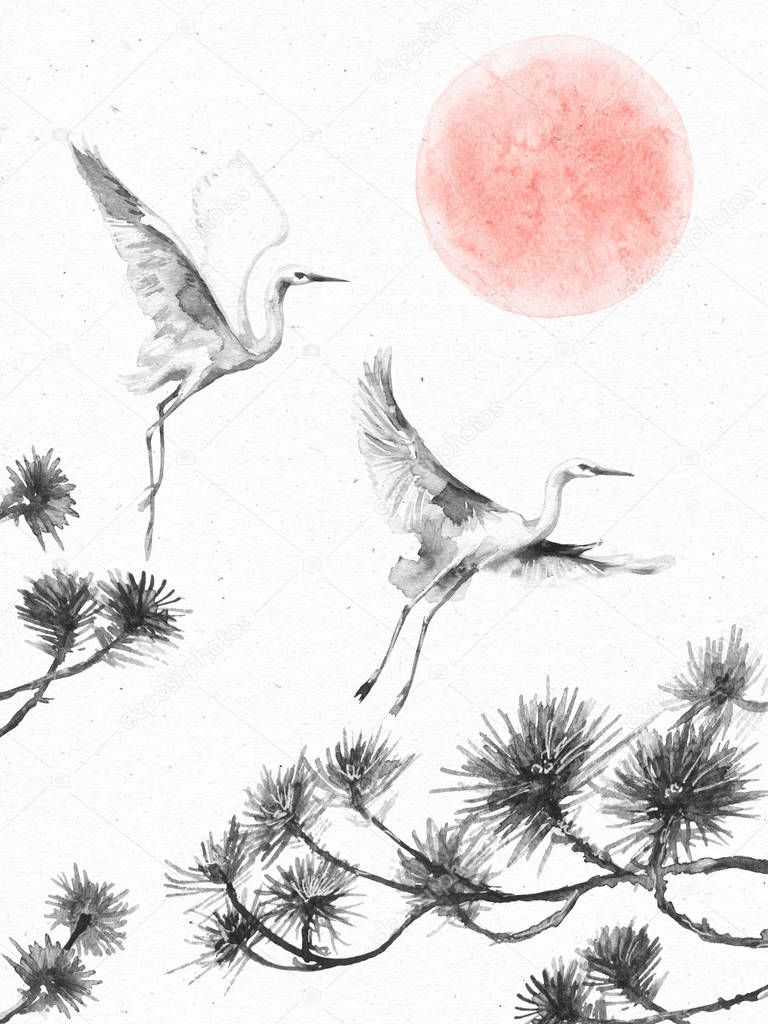 Watercolor painting.  Hand drawn illustration. Vintage dawn scene with white flying storks and pine branches on paper texture. Monochrome postcard with serenity landscape and birds. 