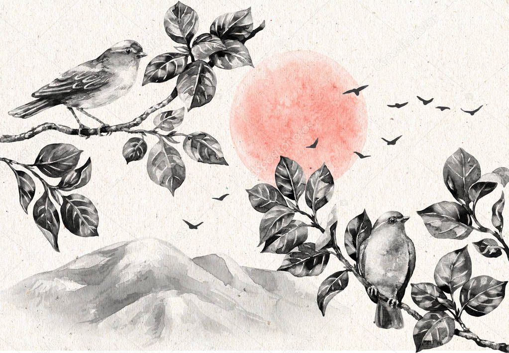Watercolor painting.  Hand drawn illustration. Nature scene with dawn and birds sitting on tree branches. Old paper texture. Monochrome vintage postcard with serenity landscape, mountains and flying birds. 