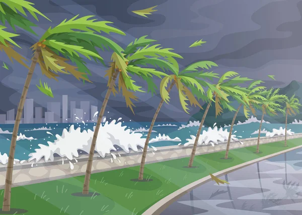 海上风暴中的海滨景观 巨浪和棕榈树在强风沿岸 自然灾害飓风传入海上矢量平图 — 图库矢量图片