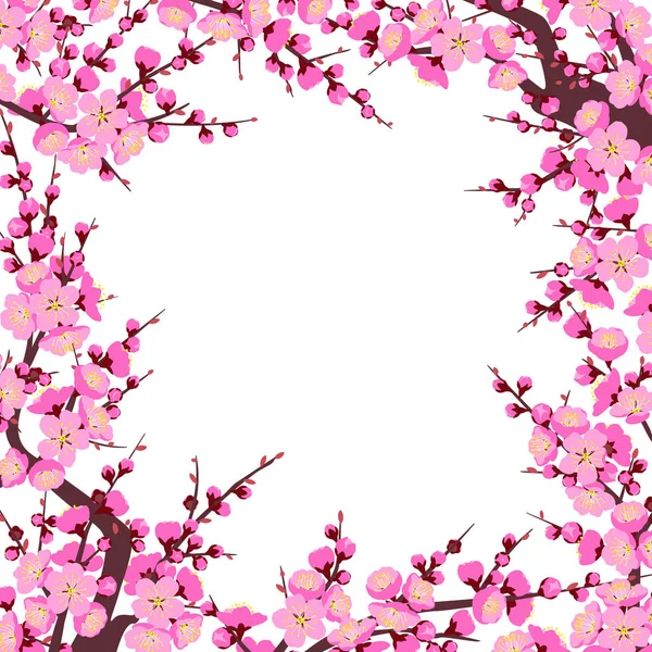 方形的框架 开花的树枝和芽与粉红色的花朵在白色背景 梅花是春天的象征 春节花卉装饰 矢量平图 — 图库矢量图片