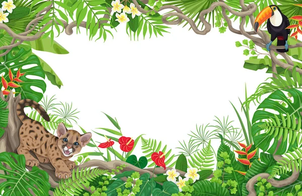Sommer Hintergrund Mit Tropischen Pflanzen Und Tieren Horizontaler Floraler Rahmen — Stockvektor