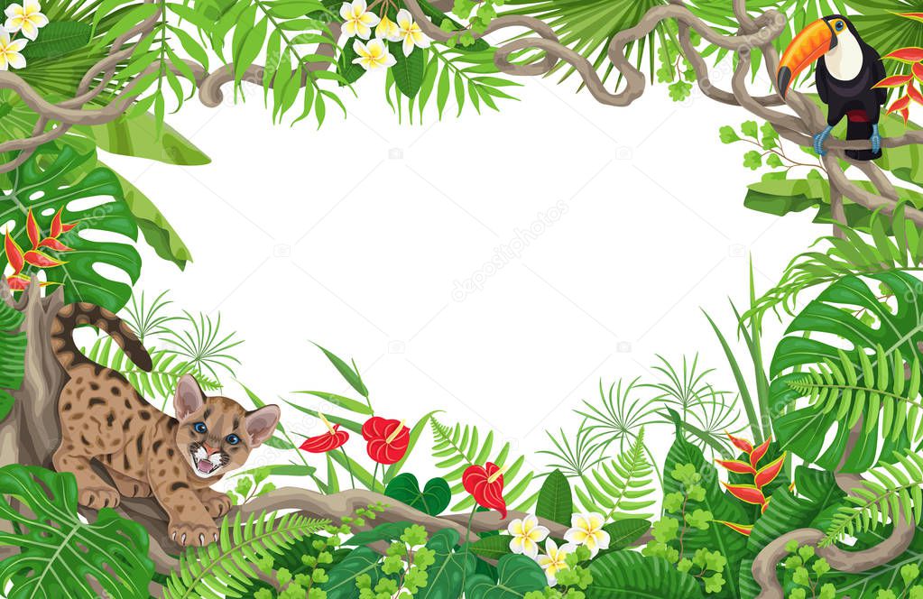 Summer Background With Tropical Plants And Animals Horizontal Floral Frame With Funny Angry Puma Cub And Toucan On Liana Branches Space For Text Rainforest Foliage Border Vector Flat Illustration Premium Vector Summer Background With Tropical Plants And Animals Horizontal Floral Frame With Funny Angry Puma Cub And Toucan On Liana Branches Space For Text Rainforest Foliage Border Vector Flat Illustration Premium Vector