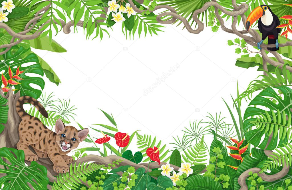 Summer background with tropical plants and animals. Horizontal floral frame with funny angry puma cub and toucan on liana branches. Space for text. Rainforest foliage border vector flat illustration.