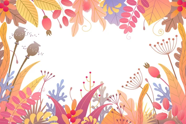 长方形的水平框架由五颜六色的叶子 干燥的草和莓果在白色背景 花边界与秋天植物的简单元素 矢量平坦天真插画 — 图库矢量图片