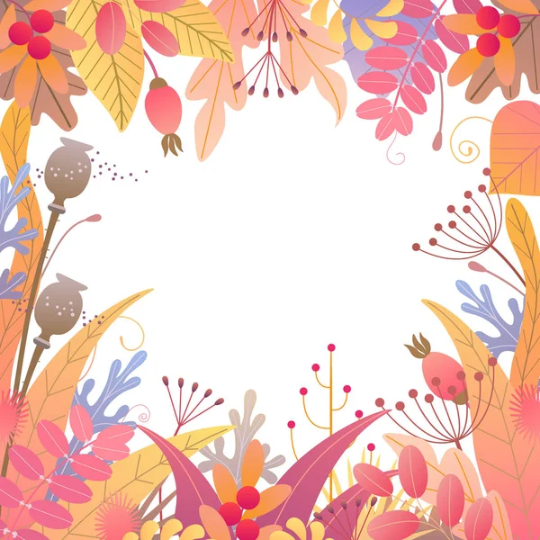 正方形框架制作的彩色叶子 干燥的草和浆果的白色背景与空间的文本 花边界与秋天植物的简单元素 矢量平坦天真插画 — 图库矢量图片