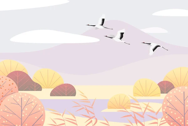 Fond Naturel Avec Scène Zone Humide Grues Japonaises Volantes Paysage — Image vectorielle
