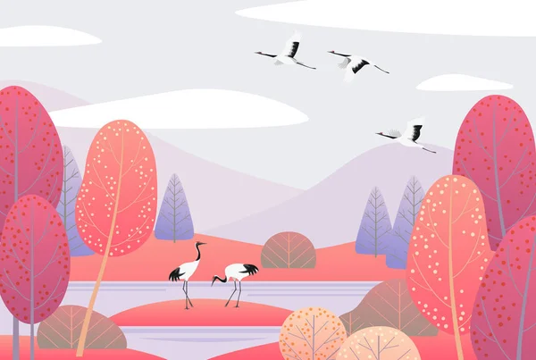 Fondo Natural Con Paisaje Humedales Grúas Japonesas Escena Otoñal Con — Vector de stock