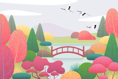 Japon Bahçesi ve uçan vinçler ile doğa arka plan. Sonbahar sahne basit kırmızı, sarı, yeşil bitkiler, ağaçlar, dağ, köprü, bulutlar ve kuşlar. Vektör düz çizim. 