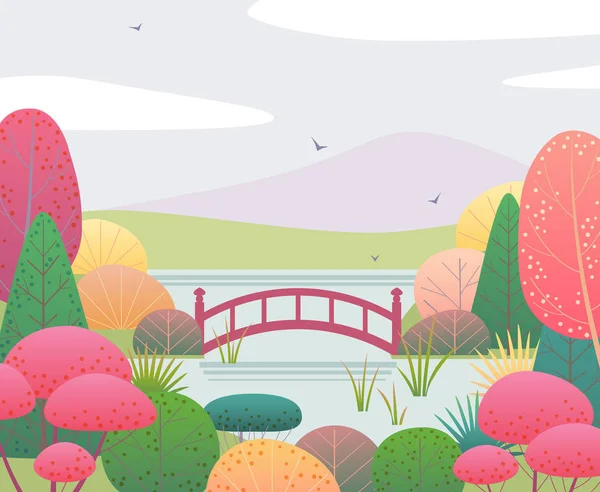 Fondo Natural Con Jardín Japonés Puente Rojo Escena Otoñal Con — Vector de stock