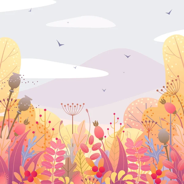 正方形の木 乾いた草 果実で 自然の背景 秋の風景の上に簡単な植物と花の国境 ベクトル フラット秋葉装飾 — ストックベクタ