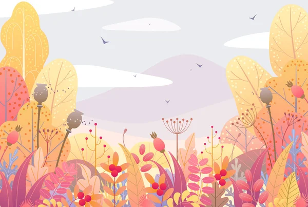 カラフルな四角形水平自然背景葉 果実を乾燥させた 秋の風景の上に簡単な植物と花の国境 ベクトル フラット スタイル秋葉装飾 — ストックベクタ