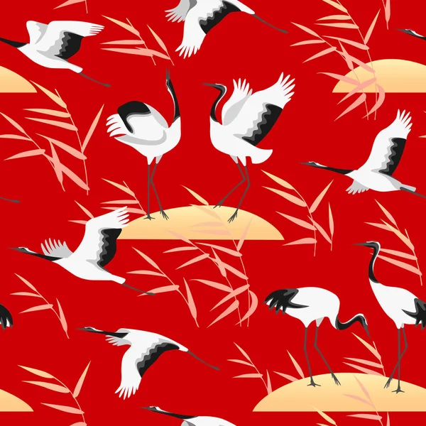 与日本起重机和金色芦苇在红色背景无缝模式 在东方风格的无限纹理装饰和简单的元素秋季植物和鸟类 矢量平图 — 图库矢量图片
