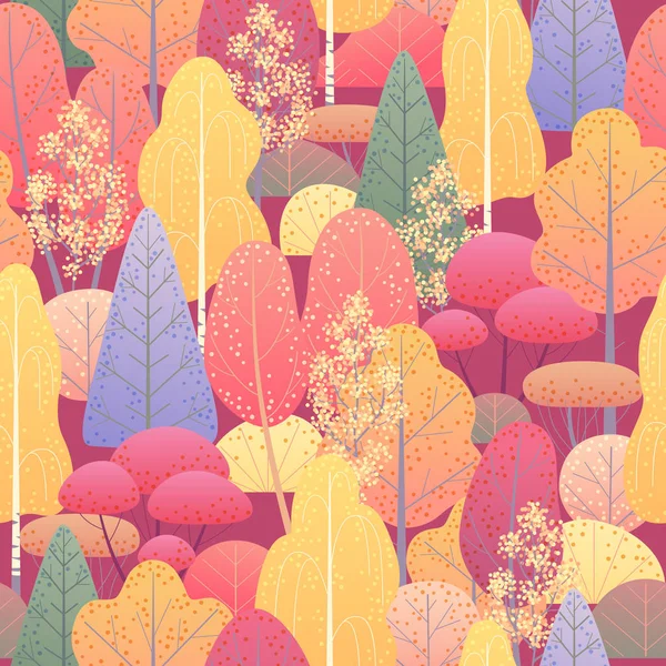 Nahtloses Muster Mit Farbenfrohen Herbstwäldern Und Sträuchern Auf Rotem Hintergrund — Stockvektor