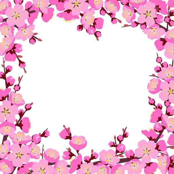 春季背景有开花的树枝和粉红色的花朵白色 方形的边界与梅花 婚礼花卉装饰 农历新年 春季庆典 — 图库矢量图片