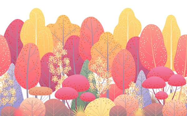 Бесшовная Линия Горизонтального Рисунка Выполнена Красочными Осенними Лесами Кустарниками Белом — стоковый вектор