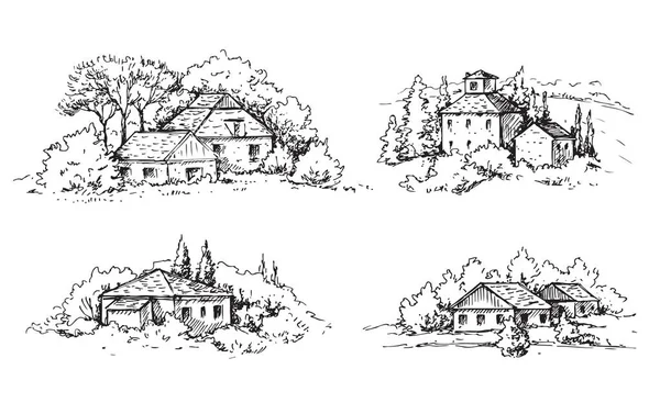 Hand Drawn Rural Scene Houses Trees Monochrome Rustic Landscape Illustration — Stock Vector