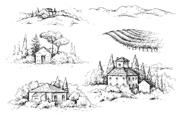 Hand Drawn Fragments Rural Scene Houses Vineyards Trees Monochrome Rustic — Stock Vector