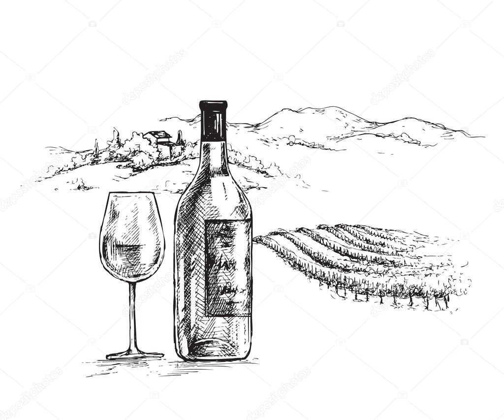 Hand drawn wine bottle and glass on rural scene background with vineyard. Monochrome rustic landscape illustration. Vector sketch.