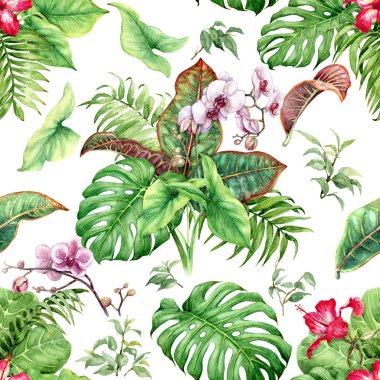 Hand drawn flowers and leaves of tropical plants. Seamless floral pattern made with watercolor exotic bouquets with  pink orchid and red hibiscus on white background. clipart